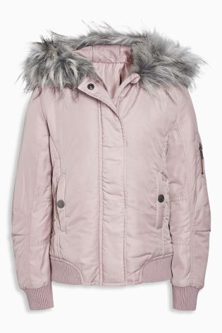 Pink Faux Fur Trim Hooded Bomber (3-16yrs)